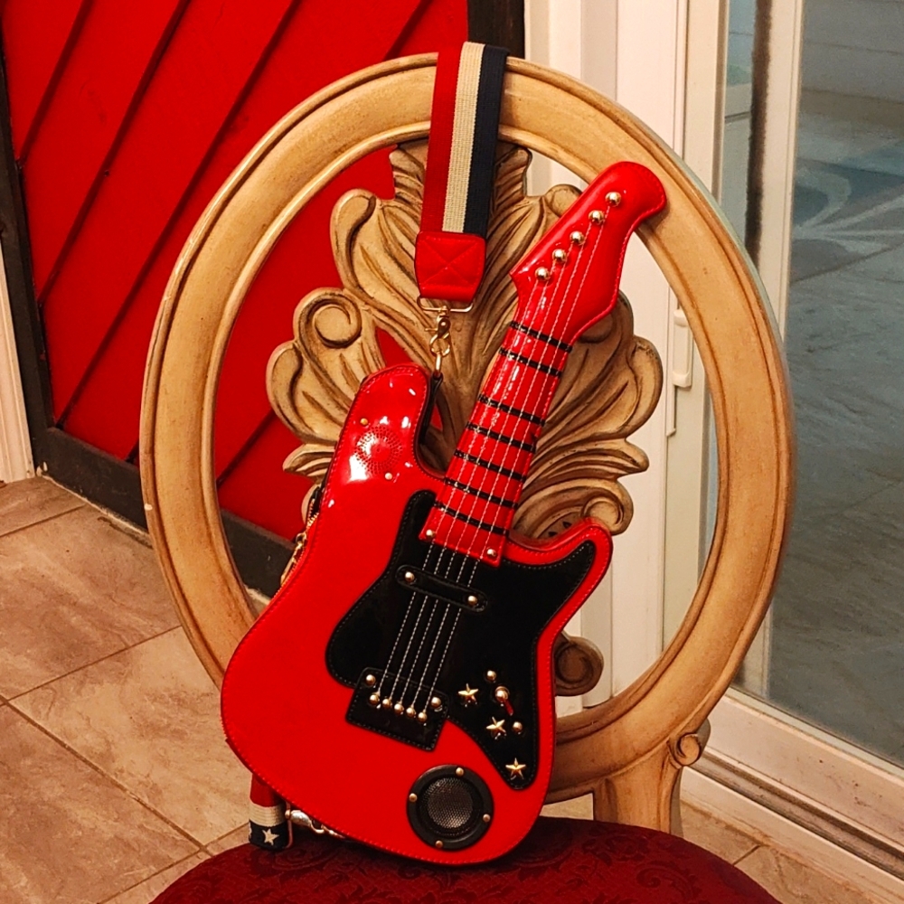 Hot rod red Guitar purse with working speaker and Bluetooth radio